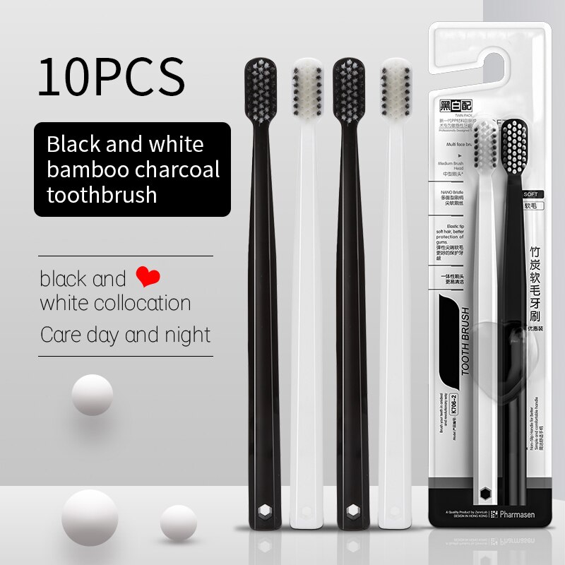 Bamboo Toothbrush - 10個竹炭ブラシシルクソフト毛歯ブラシ,黒と白の男性と女性の大人用歯ブラシ,ファミリーセット