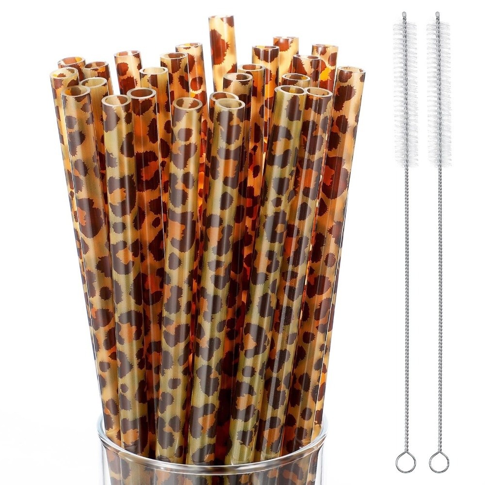 Reusable Straw - 流行のレオパード柄ストロー 再利用可能なエコフレンドリーなアニマル柄ストロー 丈夫なプラスチック製ストロー レストラン向け