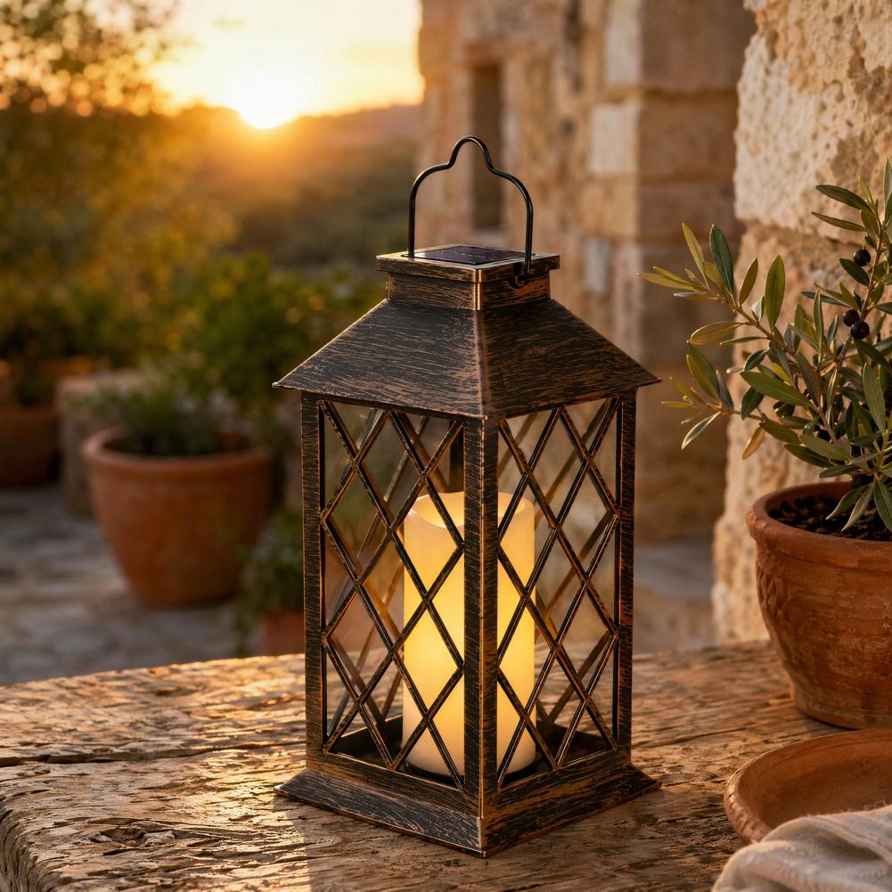 Solar Garden Light - レトロソーラーランタン、屋外ソーラーキャンドルランタン、吊り下げループ付き防水ソーラーガーデンライト、庭用装飾ライト