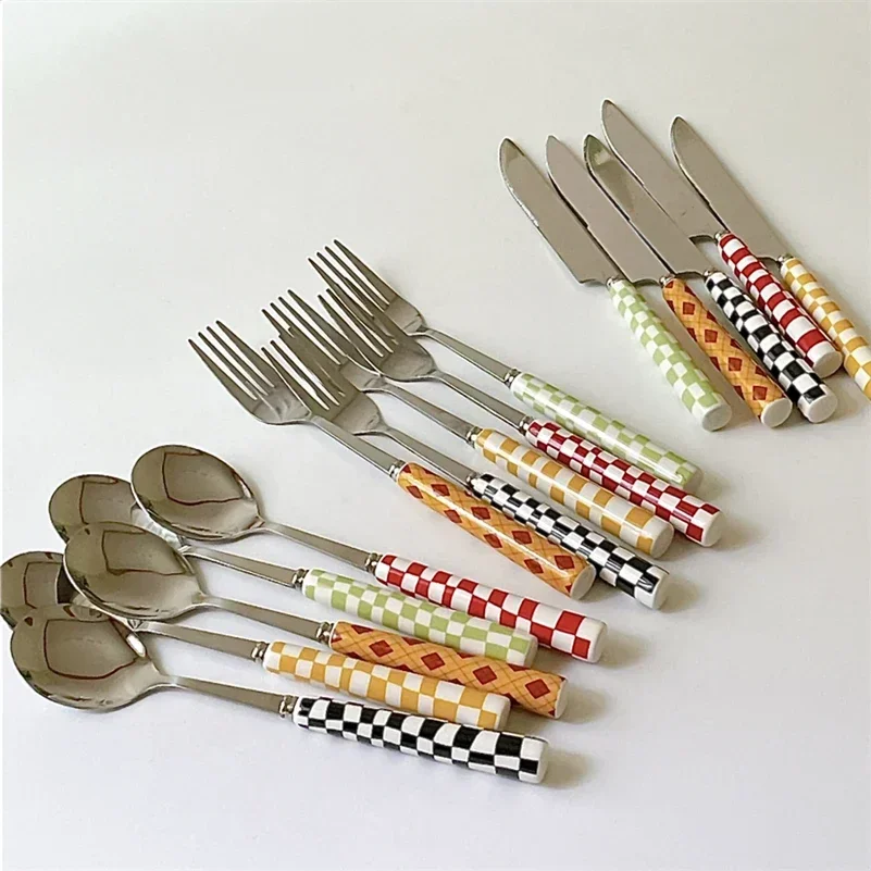 Bamboo Cutlery - 3 ピース/セットステンレス鋼ナイフフォークスプーン市松模様セラミックハンドルカトラリーセット洋食器デザートフォークナイフスプーン
