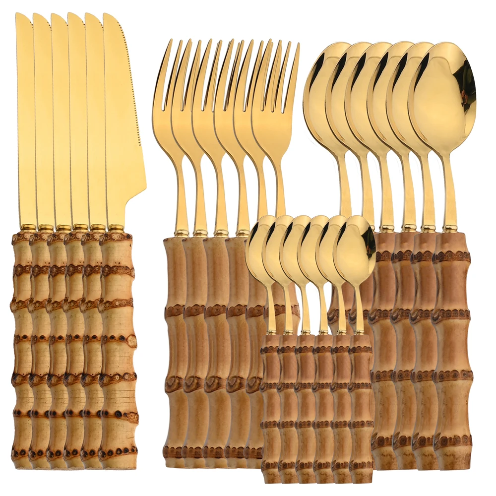 Bamboo Cutlery - 24 個ステンレス鋼食器天然竹ハンドル食器ヴィンテージサラダサーバーフォークスプーンカトラリーセットキッチン食器